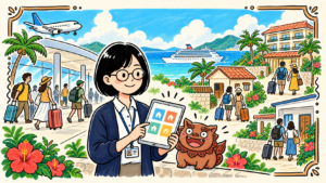 空港に到着する旅行者と、それぞれの宿泊先へ向かう人たち。沖縄の海辺でトラ子とシーちゃんが宿泊先を見比べる手描きイラスト