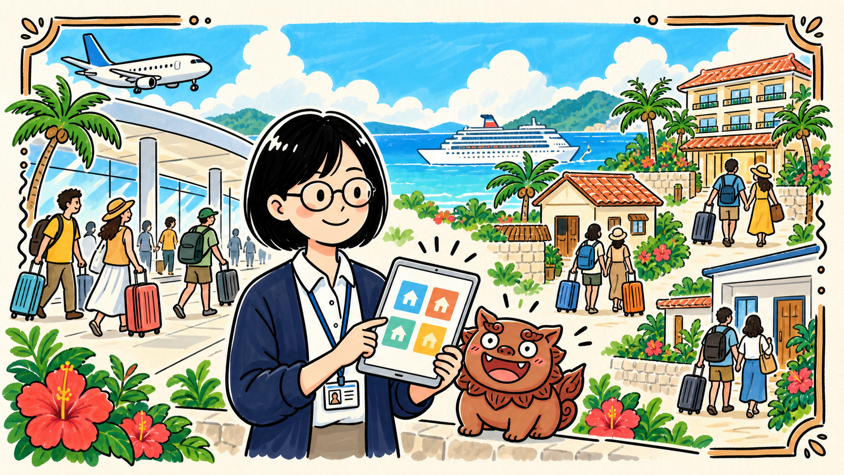 空港に到着する旅行者と、それぞれの宿泊先へ向かう人たち。沖縄の海辺でトラ子とシーちゃんが宿泊先を見比べる手描きイラスト