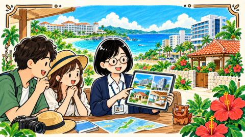 沖縄の海を背景に、旅行者がホテルや貸別荘の写真を見比べ、自分に合う宿泊先を選ぶ手描きの情景