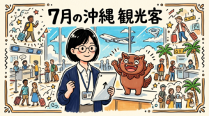 空港ロビーでタブレットを掲げるトラ子と喜ぶシーちゃんのイラスト