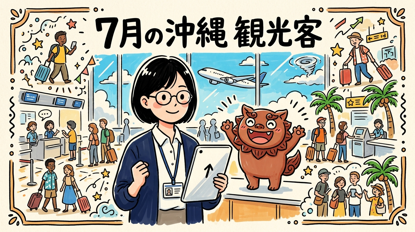 空港ロビーでタブレットを掲げるトラ子と喜ぶシーちゃんのイラスト