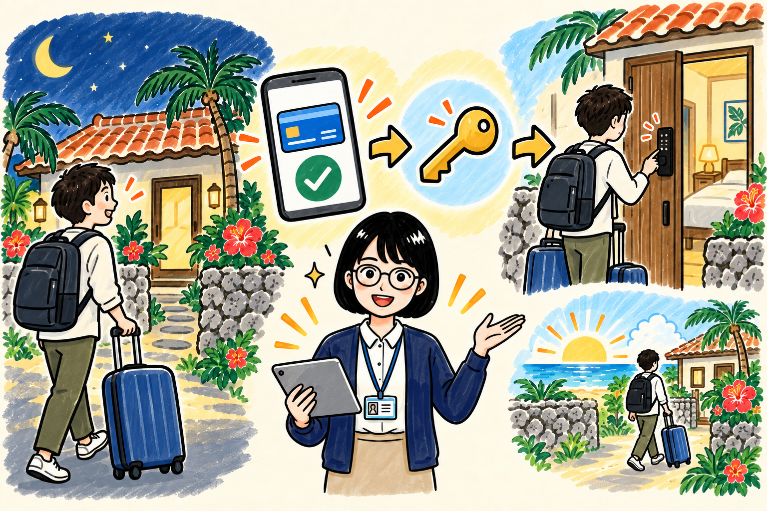 夜間に無人の宿へ到着した旅行者が、スマートフォンで宿泊料金と宿泊税を事前決済し、暗証番号式の玄関へ進む流れをトラ子が示す手描き図