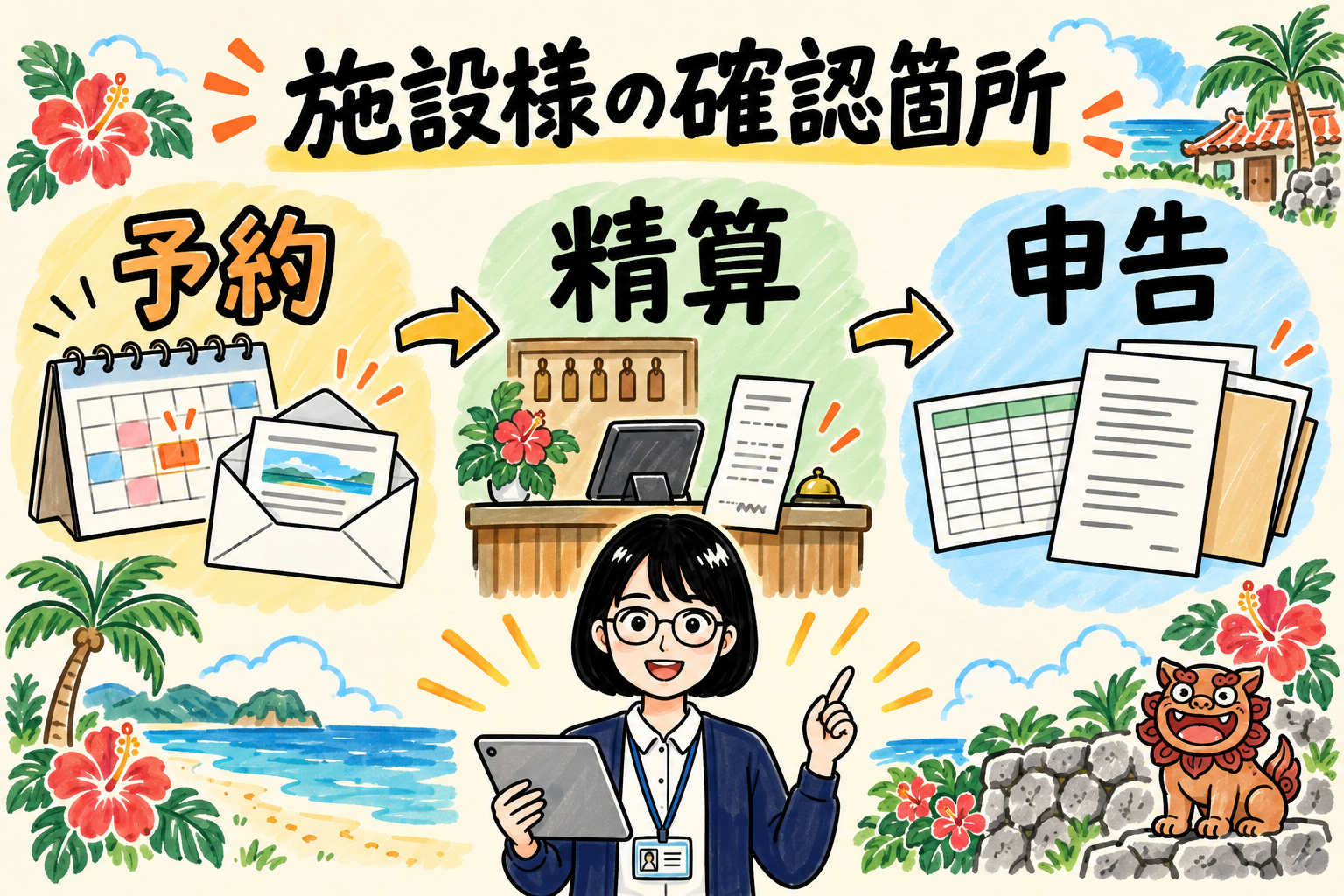 沖縄の宿泊施設で、予約から精算、申告へ進む流れをトラ子が案内する手描き図