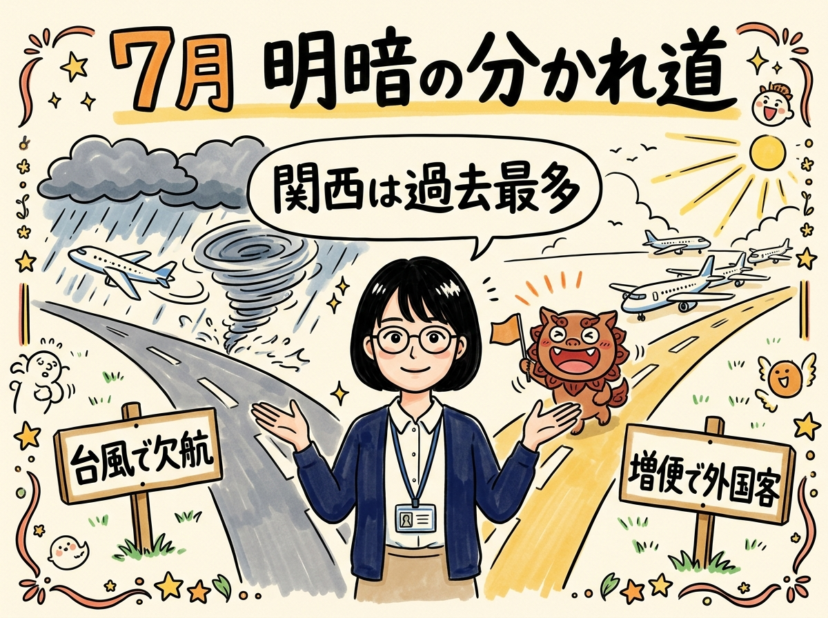 分かれ道の絵。左は台風で欠航する飛行機、右は増便で着陸する飛行機。真ん中でトラ子が「関西は過去最多」と言っているグラレコ