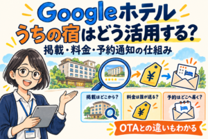 Googleホテル、うちの宿はどう活用する？ 掲載・料金・予約通知の仕組みとOTAとの違いを紹介する図解