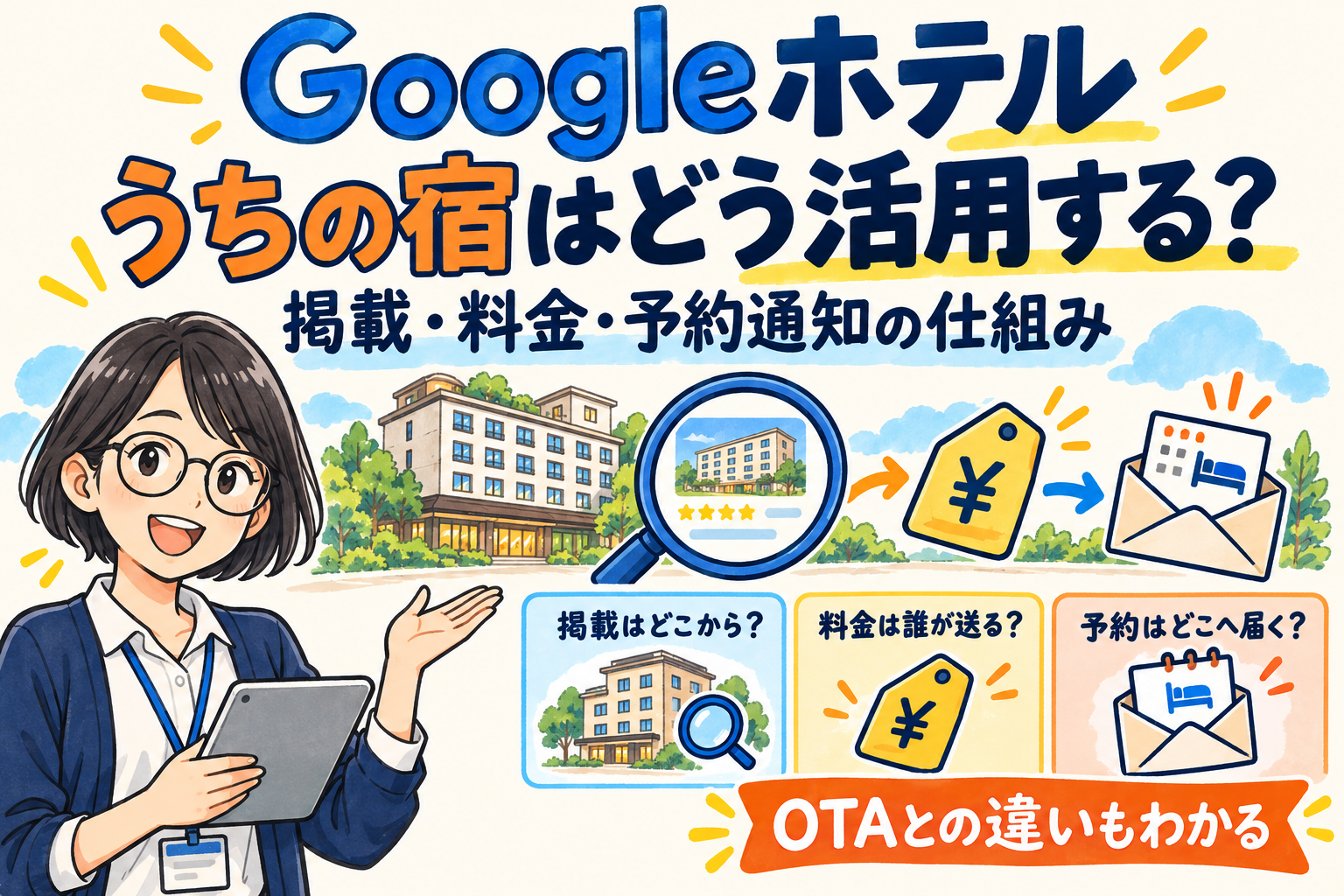 Googleホテル、うちの宿はどう活用する? 掲載・料金・予約通知の仕組みとOTAとの違いを紹介する図解